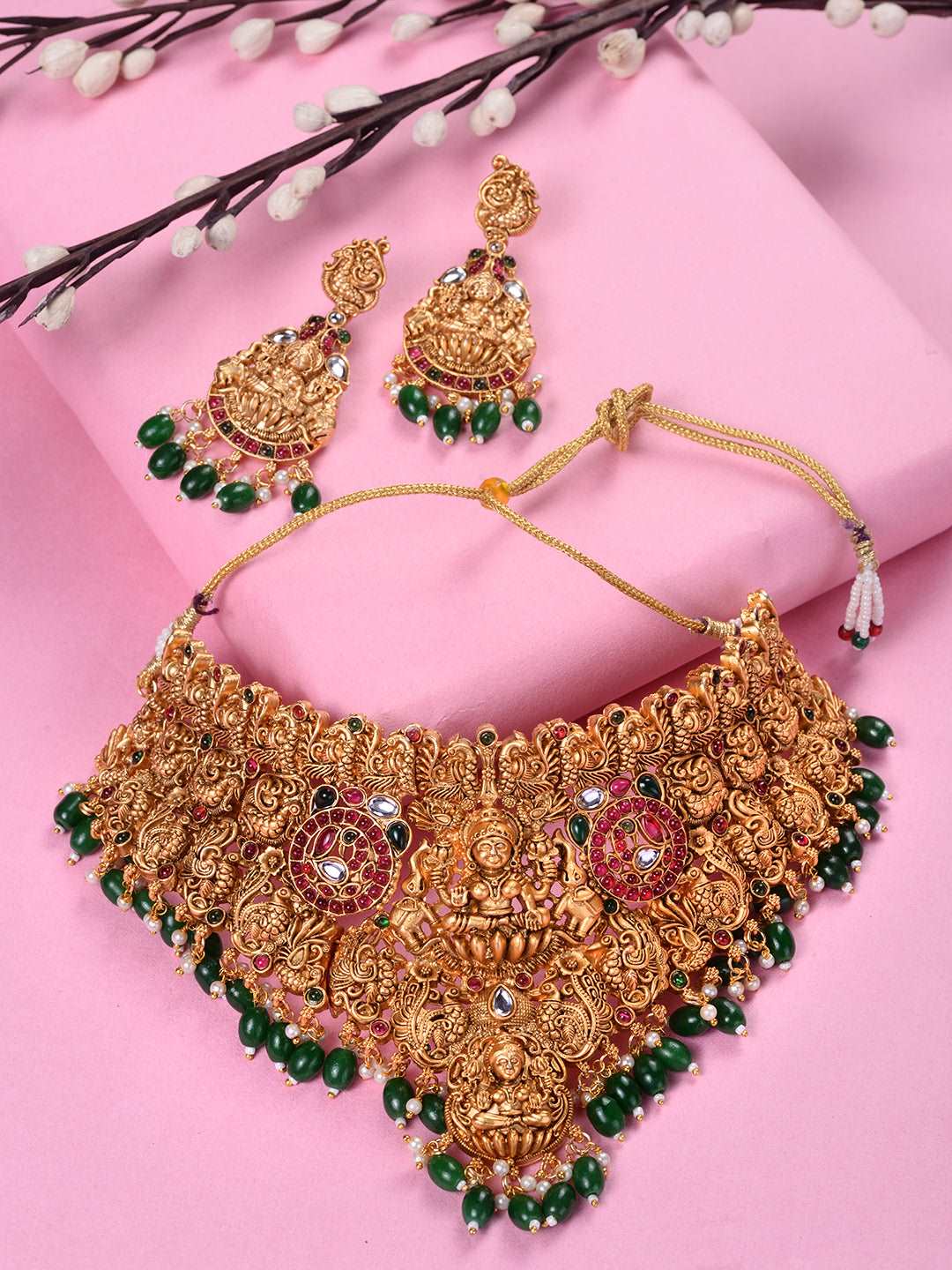 Gold Plated kemp stone studded Lakshmi Design Dangling Green Beads Temple Choker Jewellery Set, zaveri pearls, sale price rs, sale price, sale gold plated, sale gold, sale, rubans, ring, regu